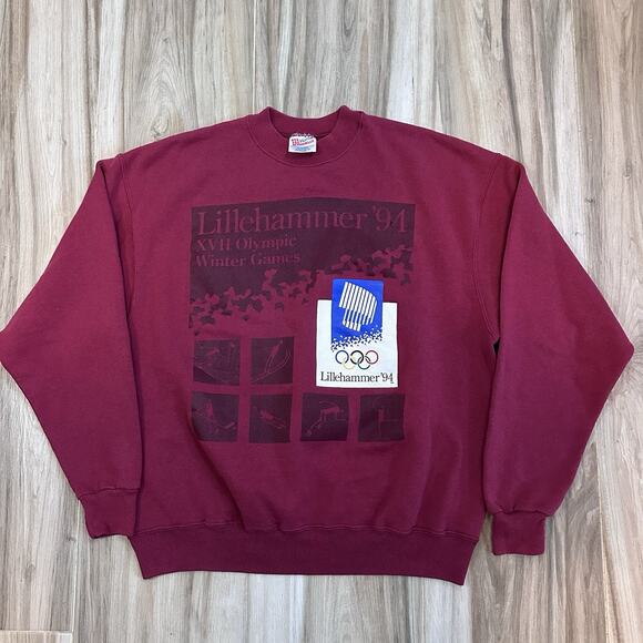 VINTAGE 1994 Lillehammer Olympics Crew Neck Red Sweatshirt USA SZ XL (fits M) - Picture 1 of 6